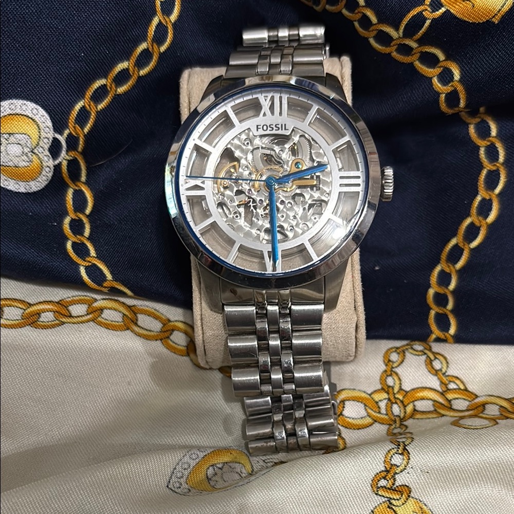 Fossil Silver Skeleton Dial Watch